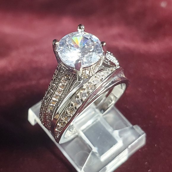 Xena Engagement Ring - 18K Platinum Plated Copper - Pave CZ- Crown Setting. - Picture 3 of 16